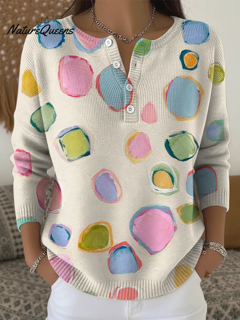 Colorful Dots Print Buttoned Cardigan Sweater