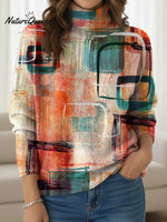 Women's Retro Colorful Abstract Geometry Print Turtleneck Sweater