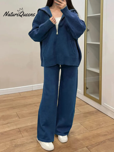 Women's Solid Color Long-Sleeved Casual Loose Hooded Top and Elastic Waist Wide-Leg Pants Set