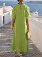 Women's Solid Color Crew Neck 3/4 Sleeve Casual Loose Cotton-linen Dress