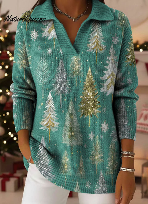 Christmas Tree Snowflakes Art Pattern Art Polo Collar Shiny Loose Sweater Top