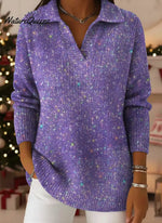 Shiny Purple Print Lapel Casual Knit Sweater