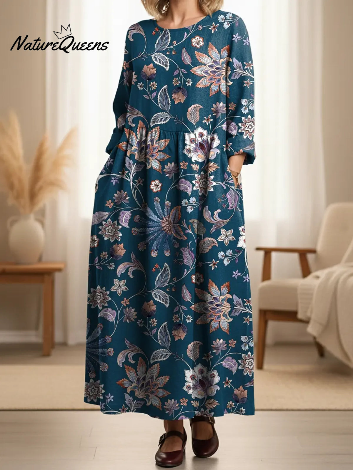 Women's Ethnic Style Floral Art Print Pocket Cotton Dress