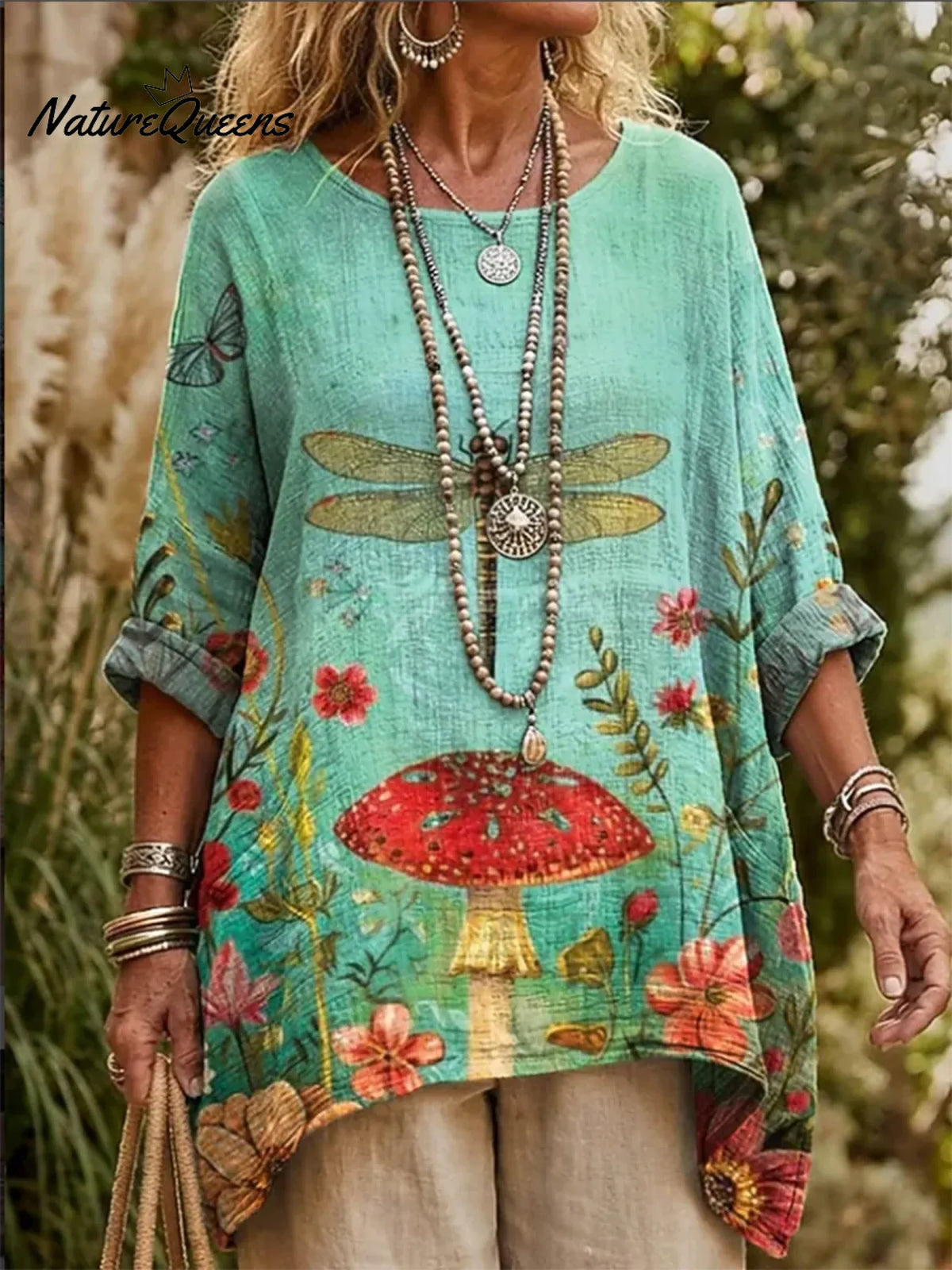 Mushroom Dream V-neck Pocket Linen Shirt Top