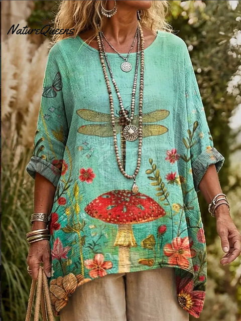 Mushroom Dream V-neck Pocket Linen Shirt Top