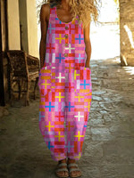 Women's Vintage Geometry Print Casual Cotton Vest Jumpsuit