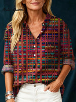 Women's Vintage Plaid Art Print Casual Cotton And Linen Shirt
