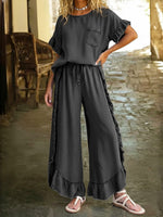 Women's Casual Tencel Denim Top With Ruffle Details And Matching Ruffle Pants Two-piece Set.
