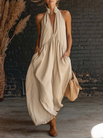 Elegant Resort-style Stand-collar Cotton Dress