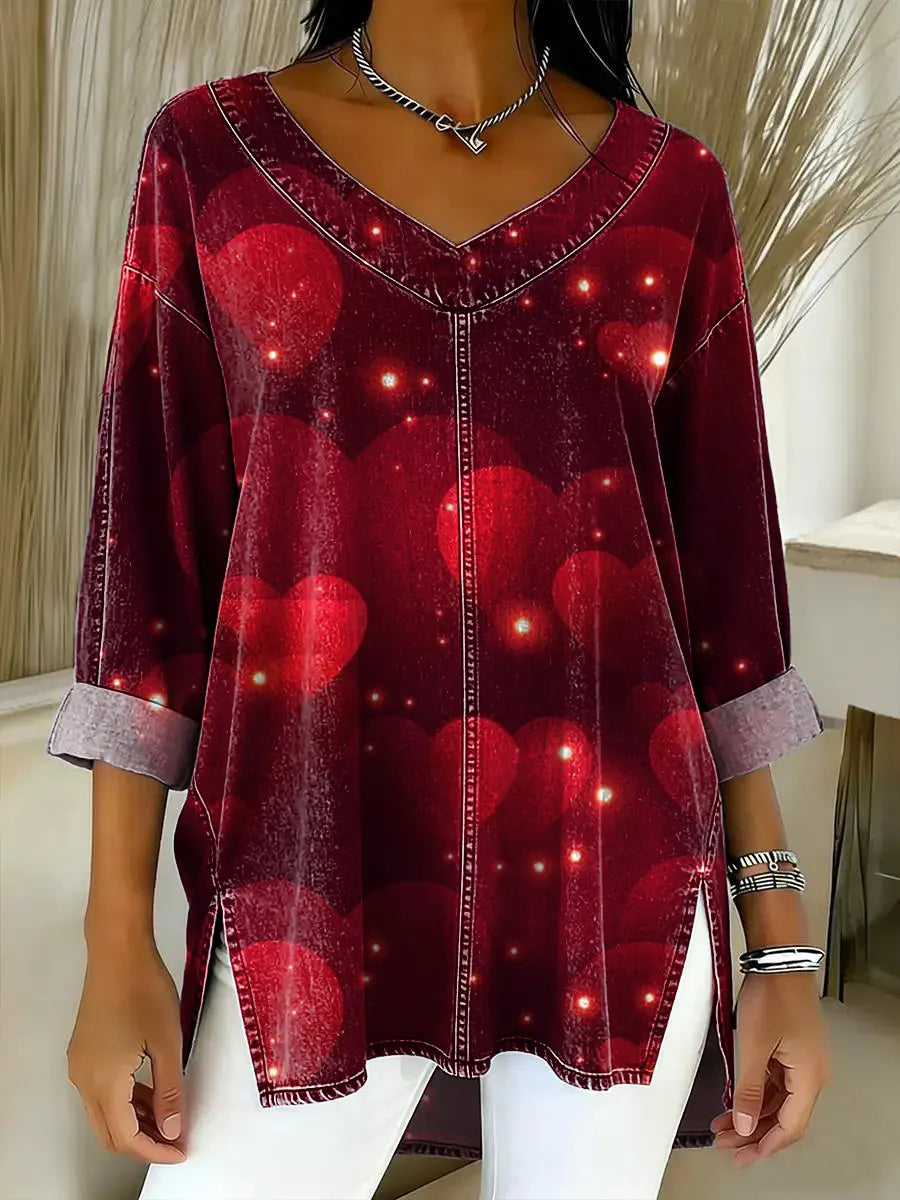 Women's Love Pattern Art Print Casual Denim Shirt