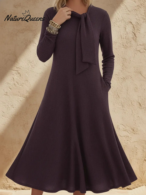 Elegant Ribbon Tie-neck Knit Midi Dress
