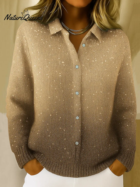 Women's Gradient Print Collared Long Sleeve Casual Loose Sequined Knit Cardigan