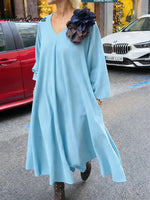 Women's Solid Color V-neck Long-sleeved Casual Loose Cotton Dress