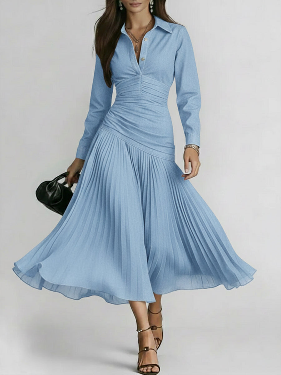 Elegant Patchwork Pleated Chiffon Denim Dress