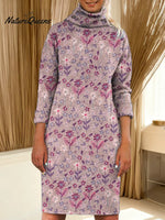 Women's Floral Art Print Casual Turtleneck Cotton Knitted Sweater Dress