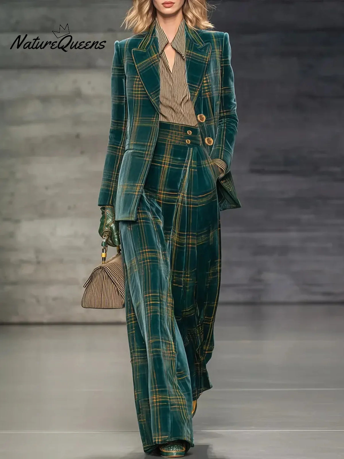 Women's Velvet Plaid Suit Jacket And Trousers Two-piece Set