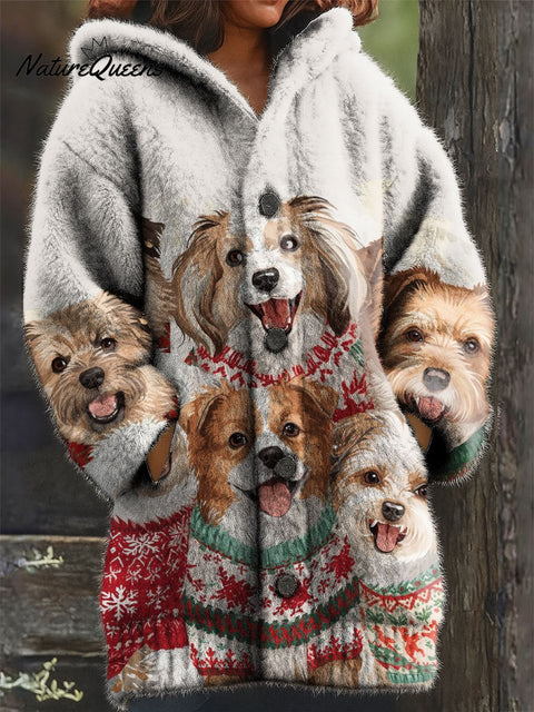 Women's Retro Christmas Cute Animals Dog Pattern Art Print Casual Plush Warm Coat