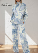 Painting Art Plant Leaves Decorative Patterns Casual Stand Collar Long Sleeve Top And Pants