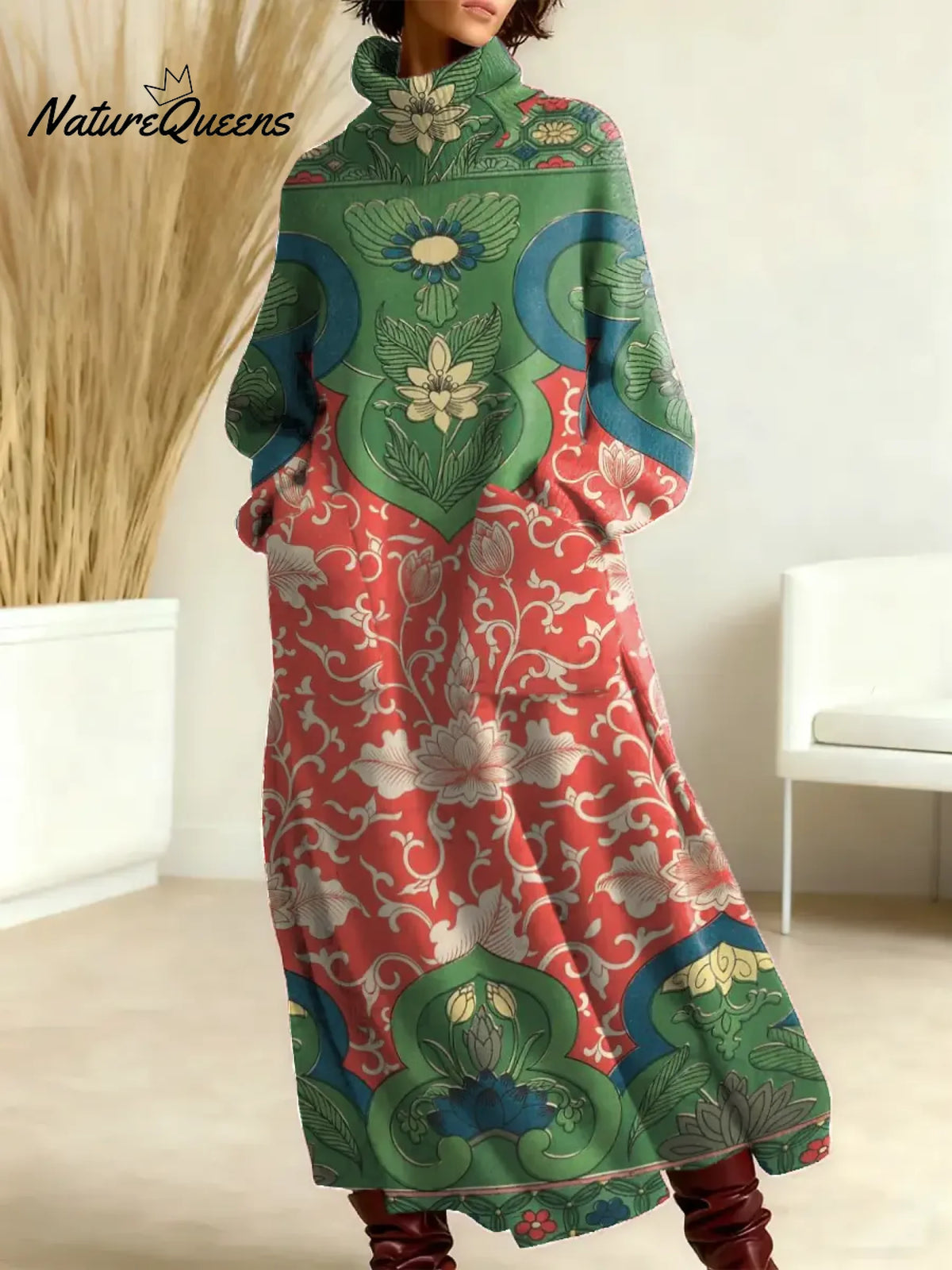 Women's Floral Pattern Art Print Casual Cotton Knitted Dress