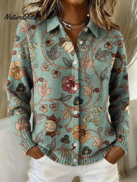 Women's Retro Floral Pattern Art Print Cowl Neck Sweater