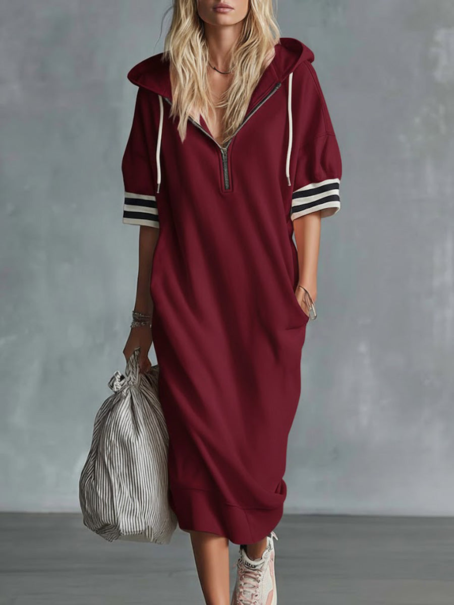 Women's 3/4 Sleeve Casual Loose Hooded Cotton Dress