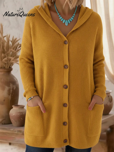 Women's Loose-fitting Cozy Solid Color Hooded Cardigan Sweater
