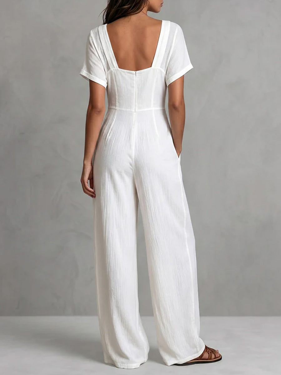 Women's Solid-color Square-neck Short-sleeve Casual Loose Cotton-linen Wide-leg Jumpsuit