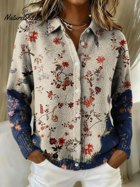 Women's Patchwork Flowers Printed Collared Sweater