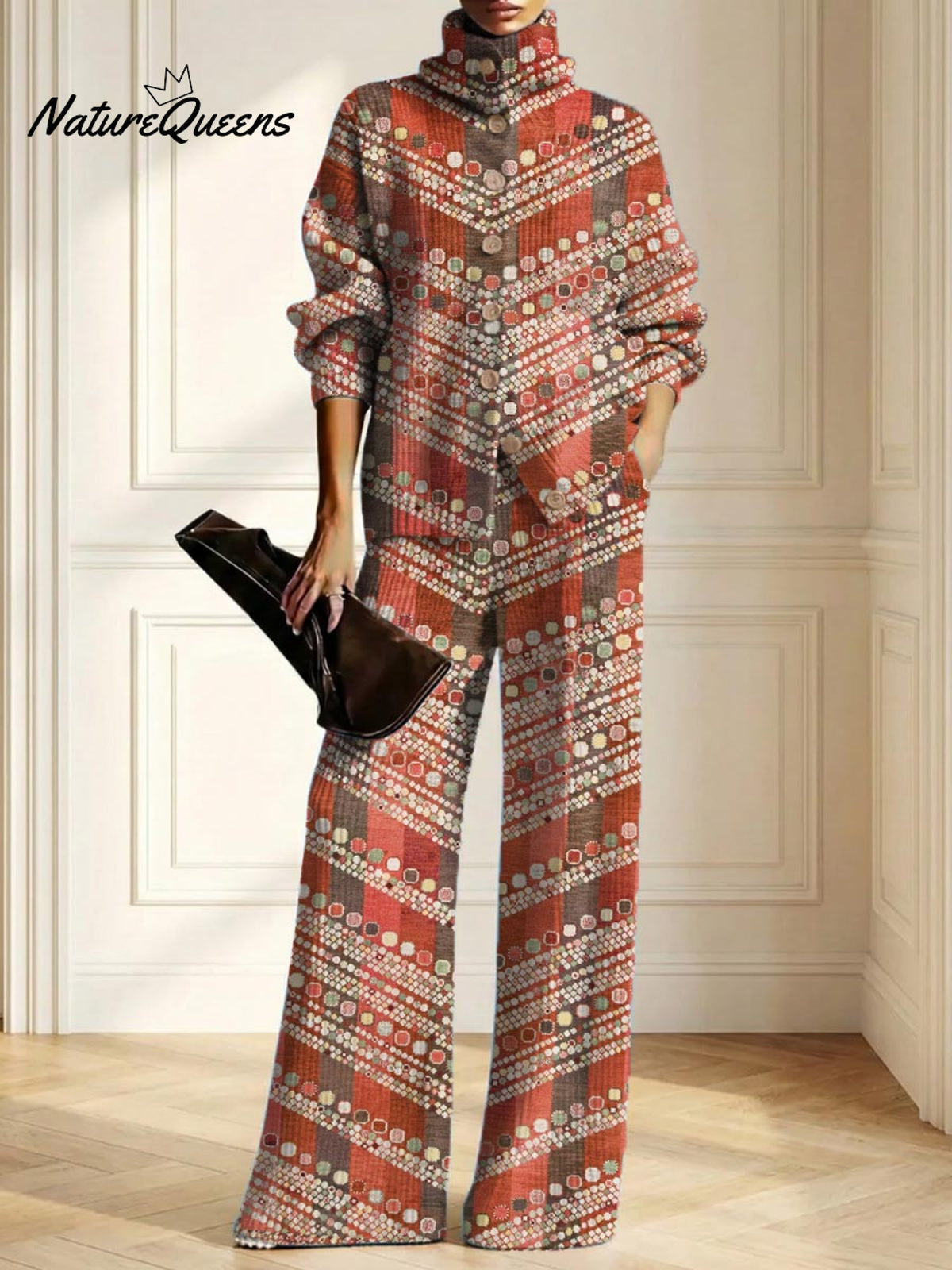 Women's Vintage Pattern Art Print Casual Cotton Knitted Suits