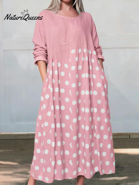 Women's Loose-fitting Polka Dot Patchwork Long-sleeved Linen Cotton Dress