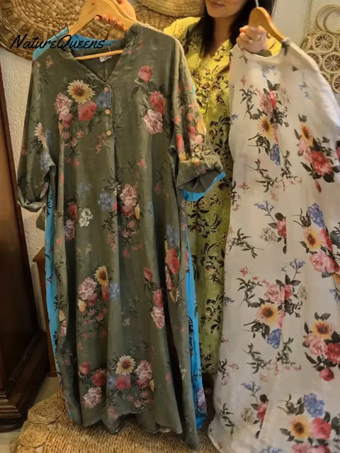 Women's V-neck Long-sleeved Casual Loose Floral Linen Dress