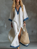 Loose And Cozy Patchwork Denim Dress With Contrasting Trim.