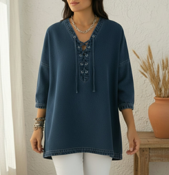 Casual Lace-up V-neck Denim Cotton Top