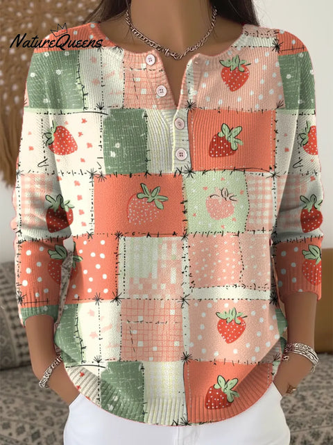 Women's Lovely Strawberry Art Print Buttoned Cardigan Sweater