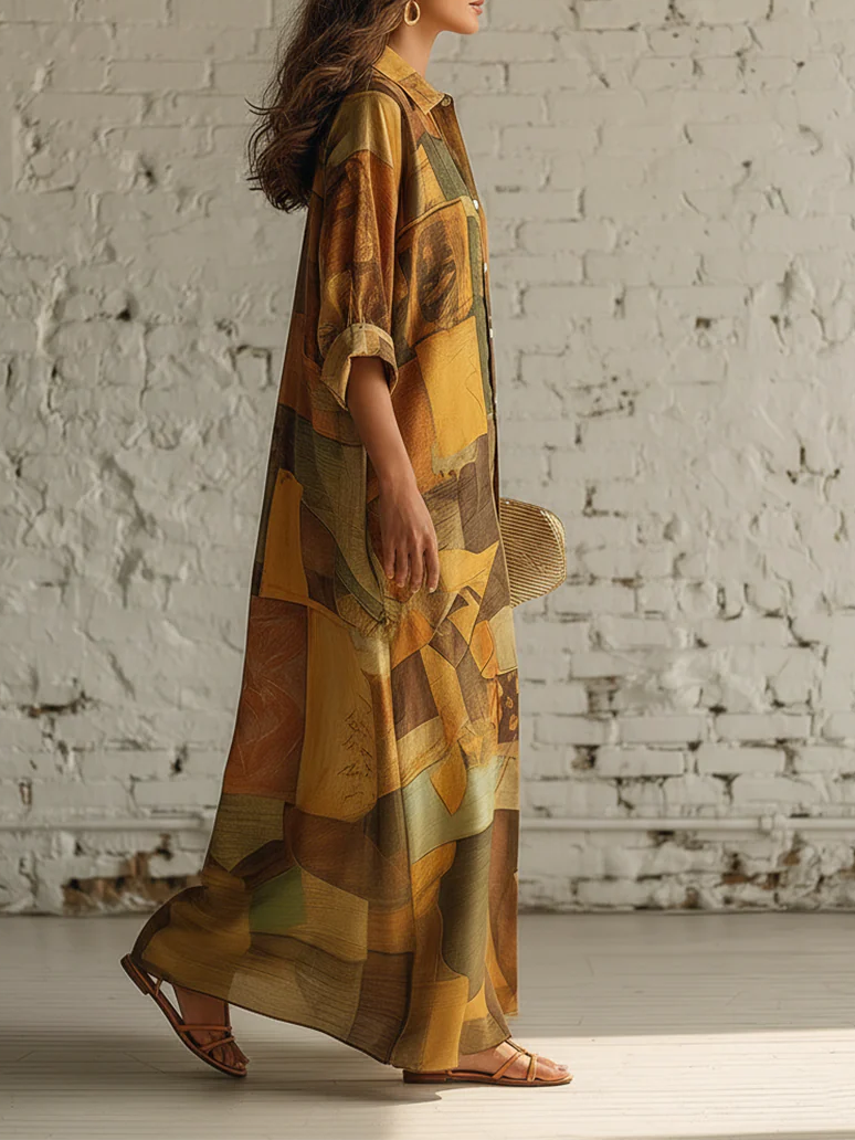 Cozy Vintage Art Print Loose-fitting Shirt Dress