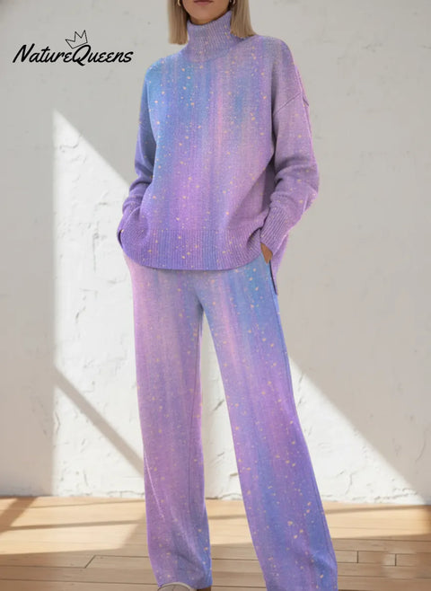 Retro Pink To Purple Gradient Printed Casual High-neck Top And Straight-leg Pants Set