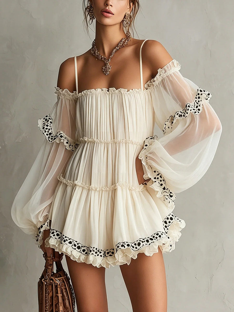 Women's Long-sleeve Off-shoulder Strappy Spliced print Dress