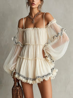 Women's Long-sleeve Off-shoulder Strappy Spliced print Dress