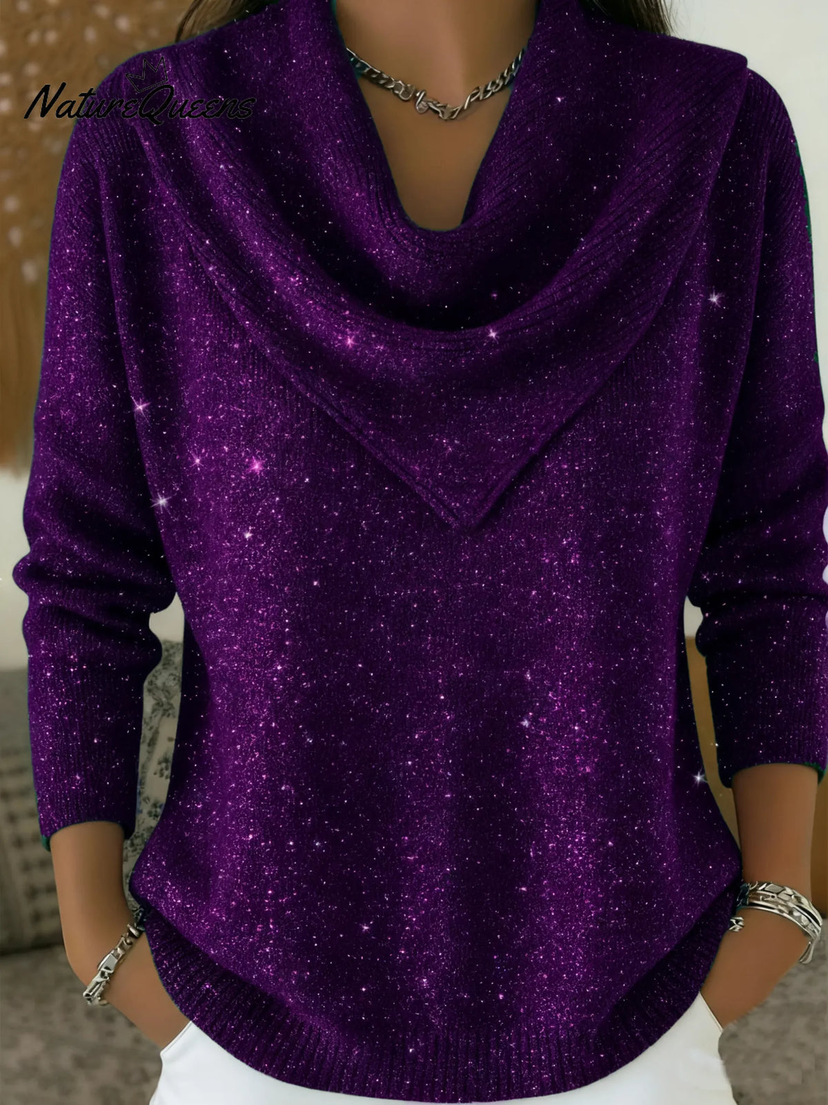 Vintage Soft Triangle Neck Sequined Shiny Sweater Top