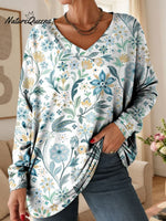 Women's Floral Pattern Art Print V-neck Casual Cotton T-shirt