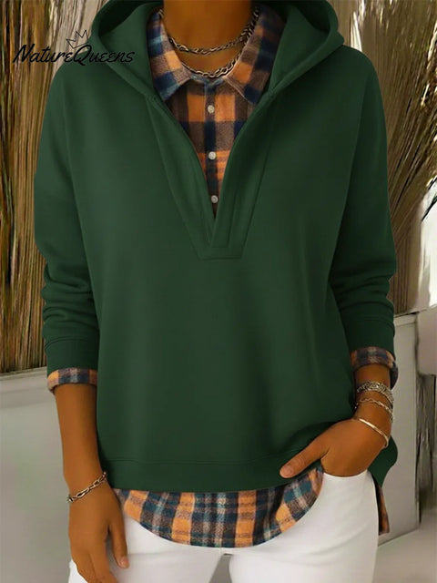 Retro Contrast Plaid Shirt Sweatshirt Fake Two-piece Pullover