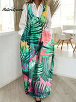 Women's Retro Splicing Colorful Leaf Pattern Art Print Casual Cotton Denim Dress