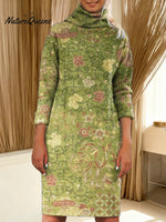 Women's Floral Art Print Casual Turtleneck Cotton Knitted Sweater Dress