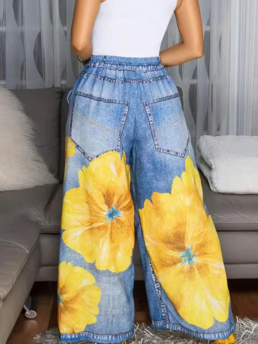 Women's Casual Loose Wide-leg Jeans With Placement Print And Elastic Waist