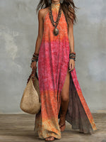 Bohemian-style Tie-dye Ombré Art Print Halter-neck Cotton-linen Dress With Slit