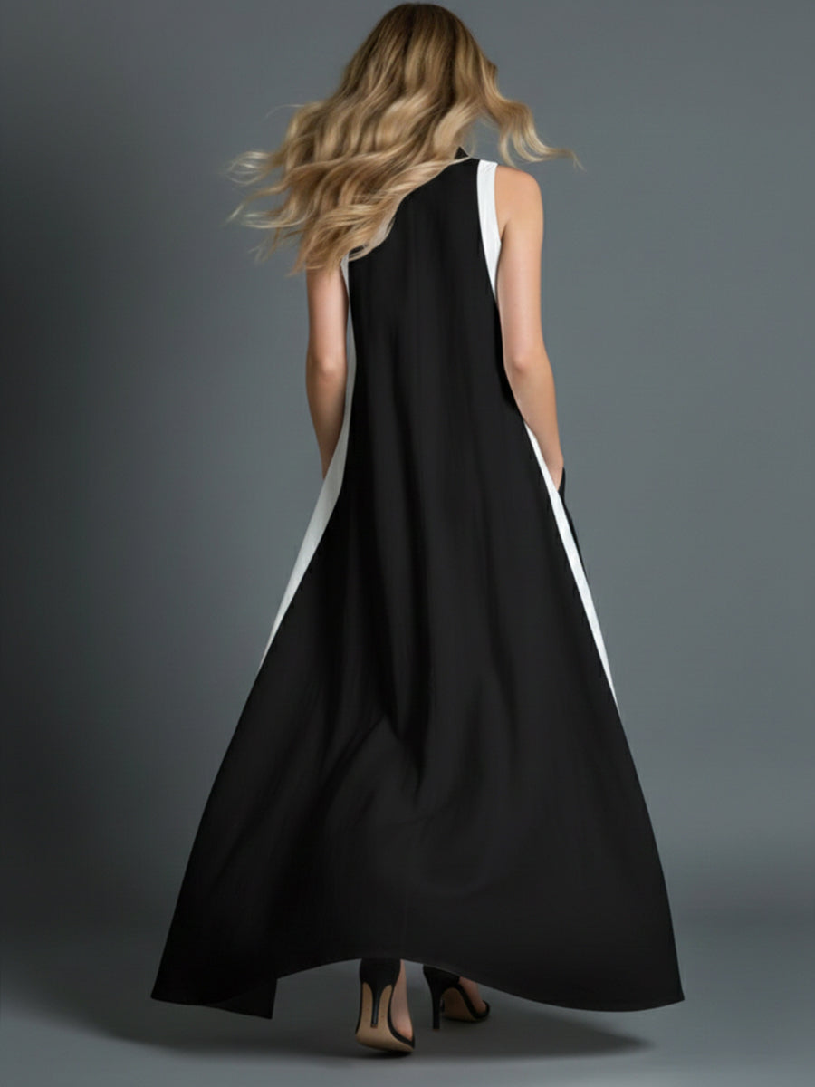 Black And White Color-blocked Linen And Cotton Sleeveless Dress