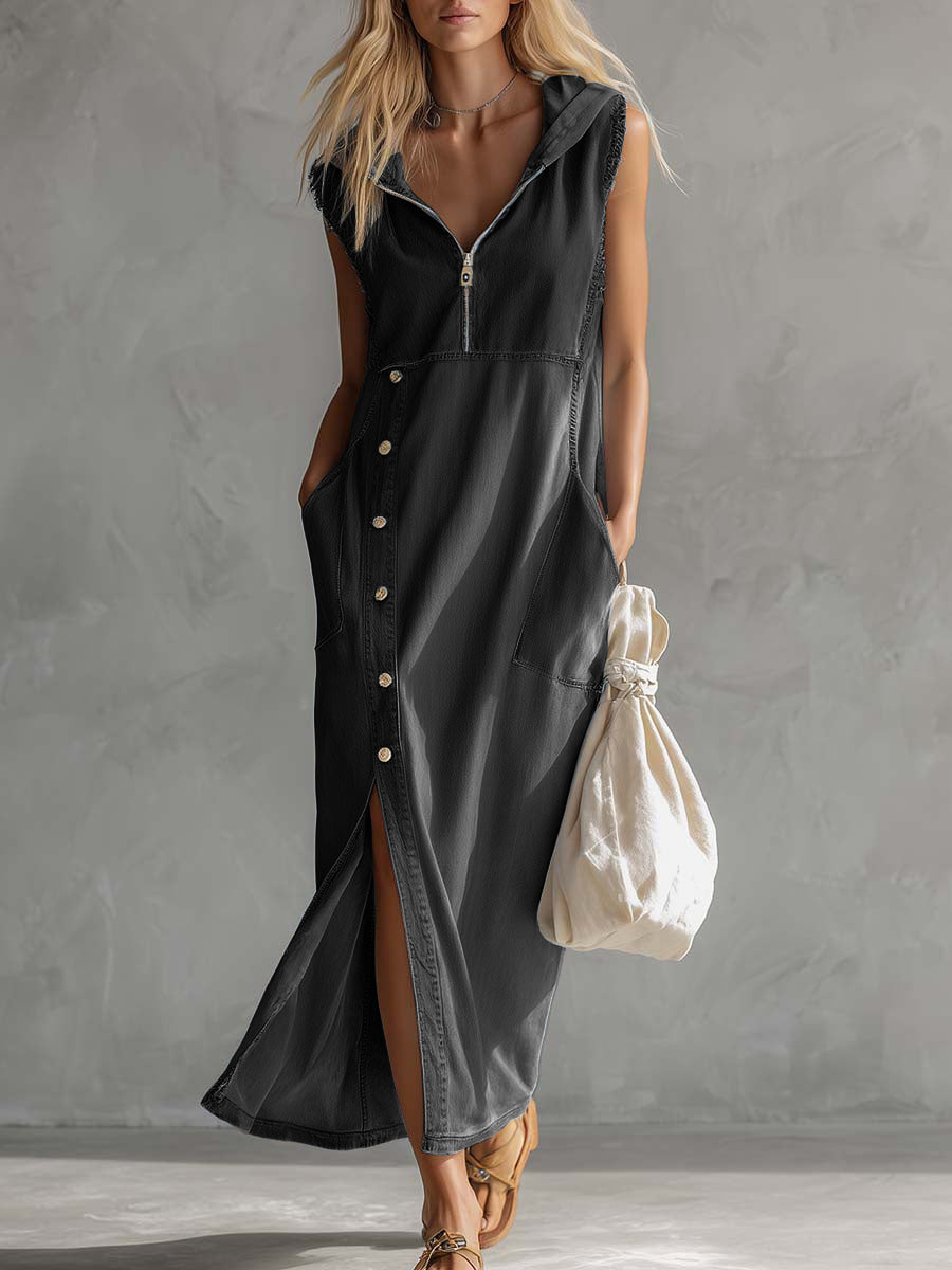 Women's Sleeveless Casual Loose Hooded Denim Dress