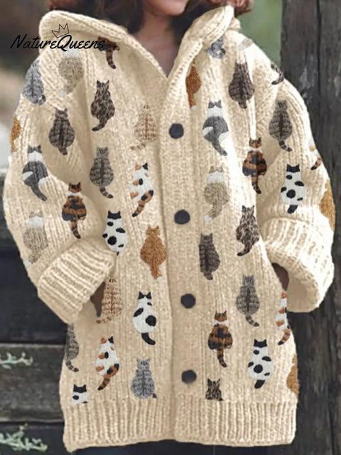 Women's Funny Cats Pattern Art Print Casual Fleece Coat