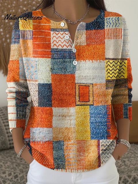 Women's Multicolor Pattern Art Print Buttoned Cardigan Sweater