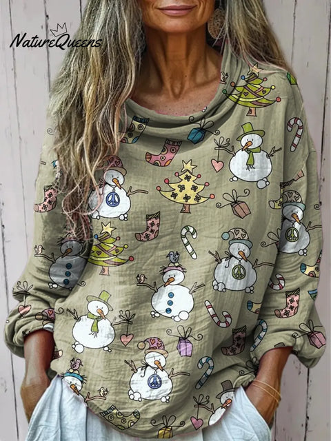 Women's Retro Christmas Art Print Cotton Casual   Shirt